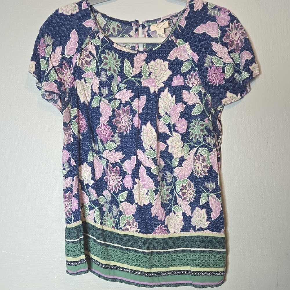 St. John's Bay Floral Cottage Boho Blouse Keyhole Detail Multicolor Spring Large